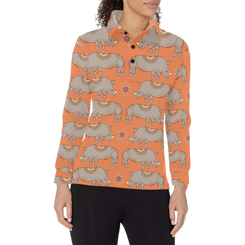 Rhino Pattern Theme Women's Long Sleeve Polo Shirt