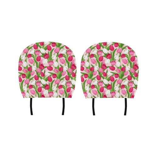 Pink White Tulip Pattern Car Headrest Cover