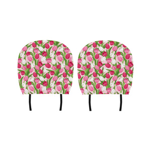 Pink White Tulip Pattern Car Headrest Cover