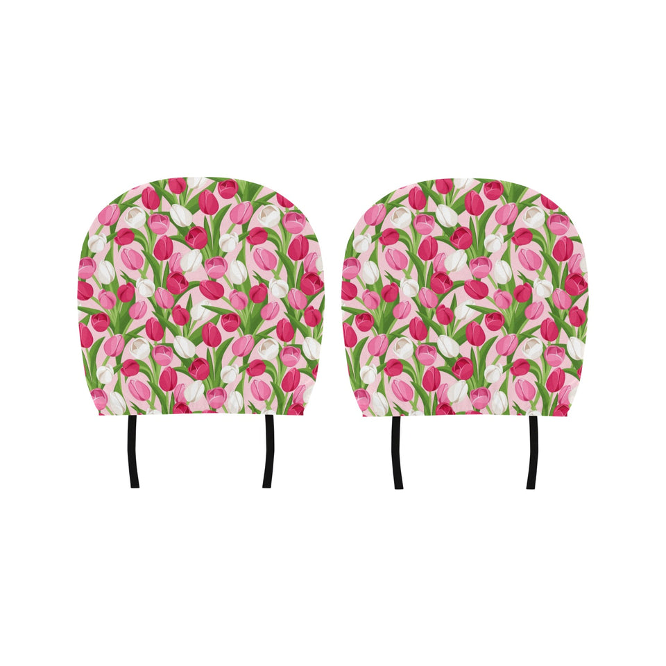 Pink White Tulip Pattern Car Headrest Cover