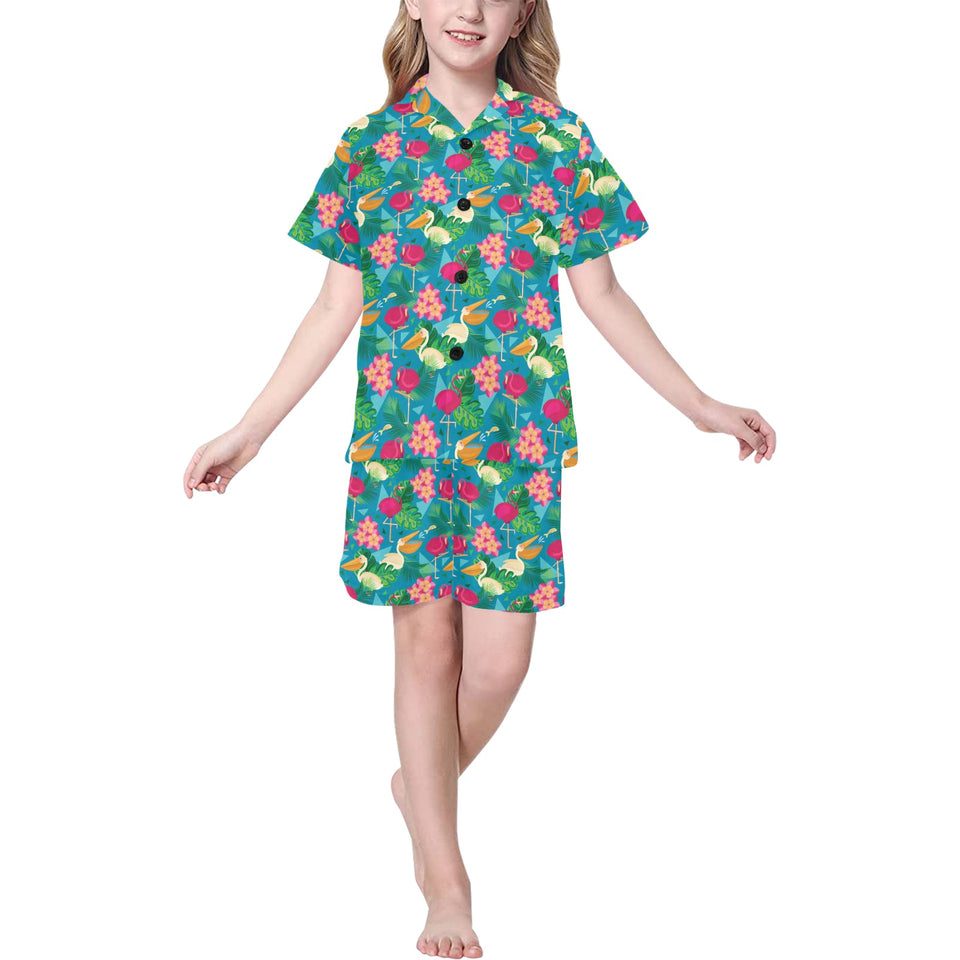 Pelican Pattern Print Design 03 Kids' Boys' Girls' V-Neck Short Pajama Set