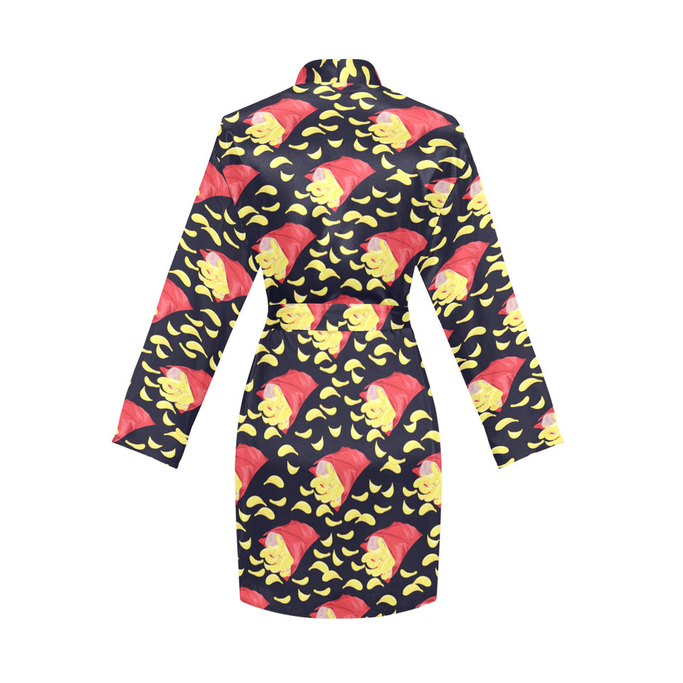 Potato Chips Pattern Print Design 05 Women's Long Sleeve Belted Night Robe