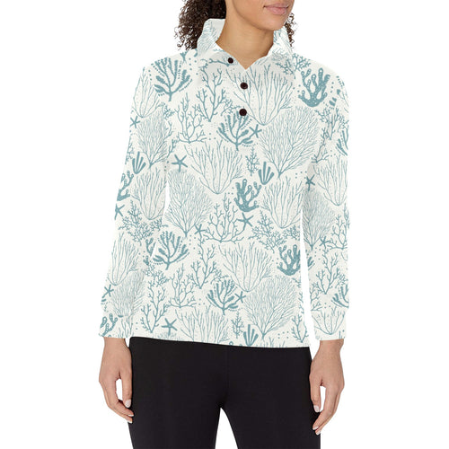 Coral Reef Pattern Print Design 02 Women's Long Sleeve Polo Shirt