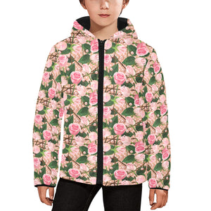 Rose Pattern Print Design 04 Kids' Boys' Girls' Padded Hooded Jacket