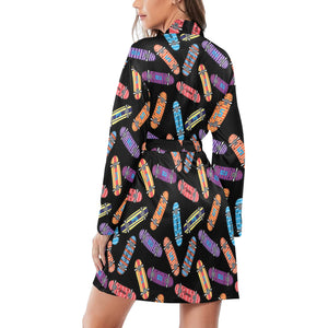 Skate Board Pattern Print Design 04 Women's Long Sleeve Belted Night Robe