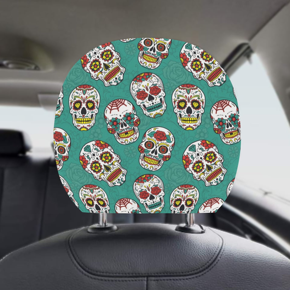 Suger Skull Pattern Green Background Car Headrest Cover