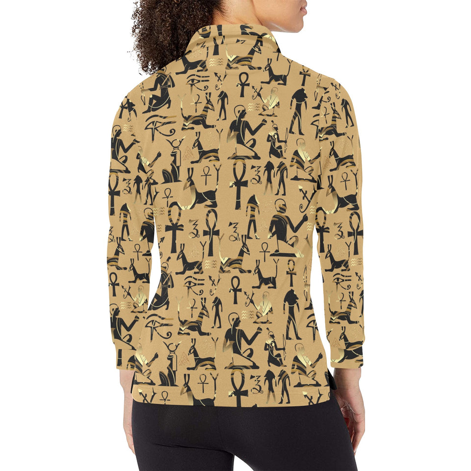 Egypt Hieroglyphics Pattern Print Design 02 Women's Long Sleeve Polo Shirt