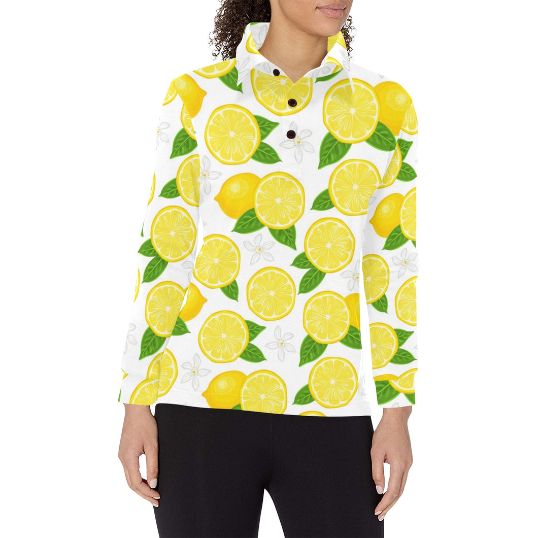 Lemon Flower Pattern Women's Long Sleeve Polo Shirt