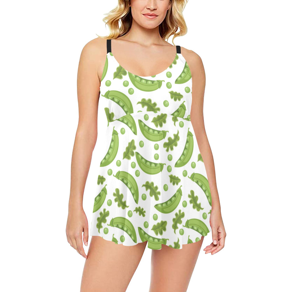 Green Peas Pattern Print Design 02 Chest Sexy Pleated Two Piece Swim Dress