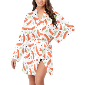 Sausage Pattern Print Design 03 Women's Long Sleeve Belted Night Robe