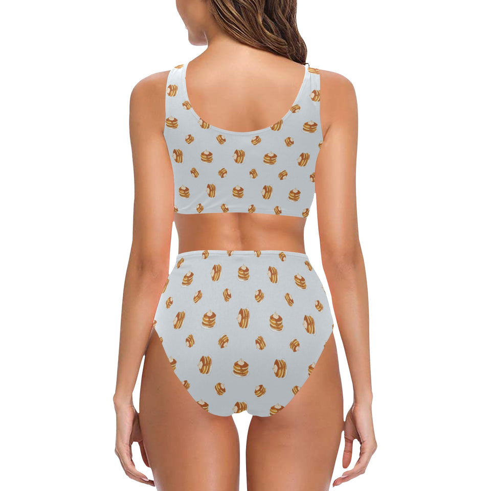 Pancake Pattern Print Design 03 Chest Bowknot High Waisted Bikini Swimsuit