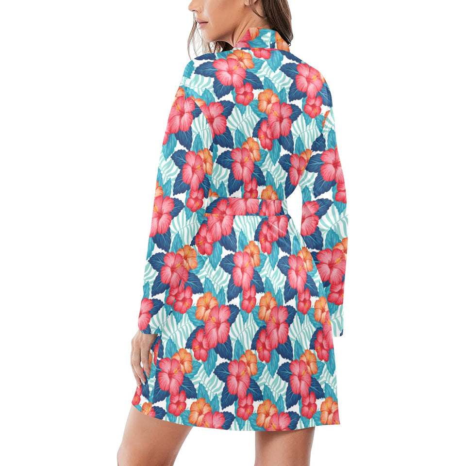 Hibiscus Pattern Print Design 05 Women's Long Sleeve Belted Night Robe