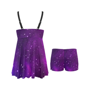 Pink Space Galaxy Pattern4 Chest Sexy Pleated Two Piece Swim Dress