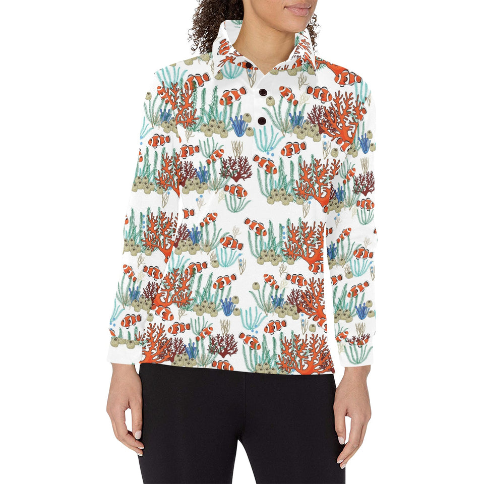 Clown Fish Pattern Print Design 04 Women's Long Sleeve Polo Shirt