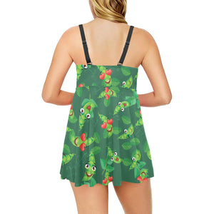 Green Peas Pattern Print Design 05 Chest Sexy Pleated Two Piece Swim Dress