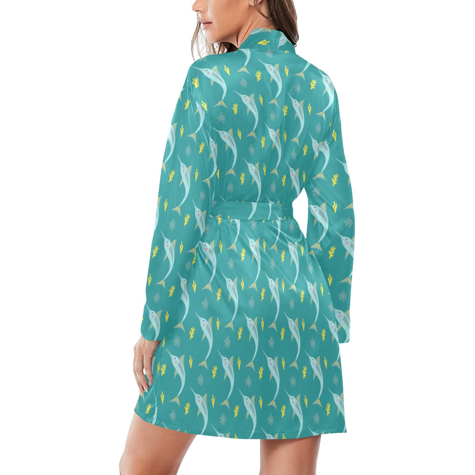 Swordfish Pattern Print Design 04 Women's Long Sleeve Belted Night Robe