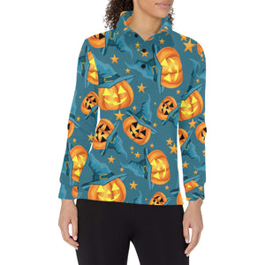 Halloween Pumpkin Witch Hat Pattern Women's Long Sleeve Polo Shirt