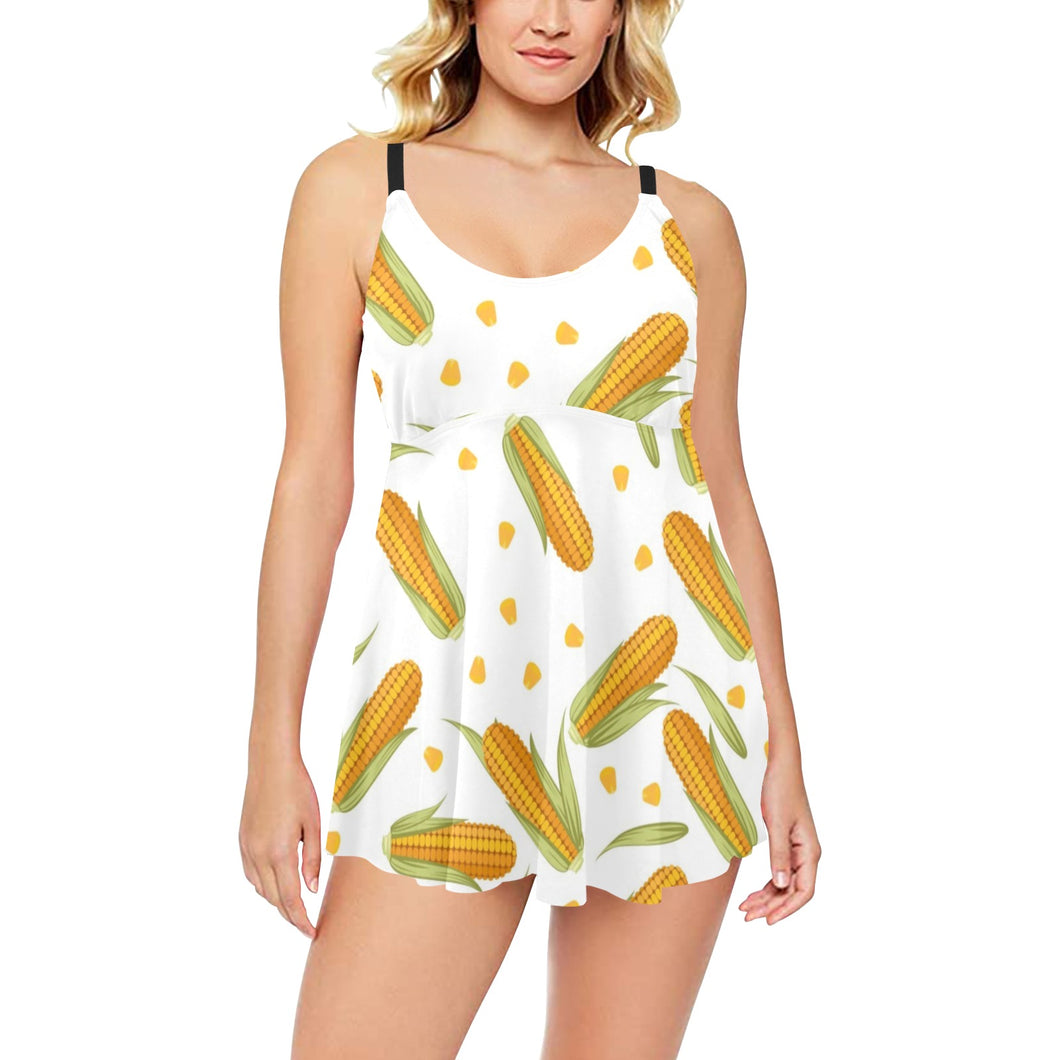 Corn Pattern Print Design 04 Chest Sexy Pleated Two Piece Swim Dress