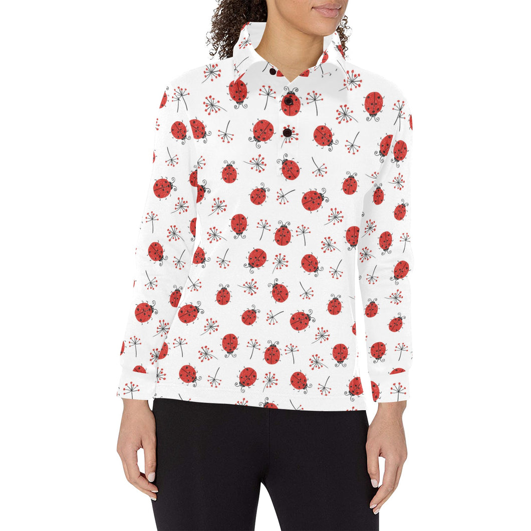 Ladybug Pattern Print Design 04 Women's Long Sleeve Polo Shirt