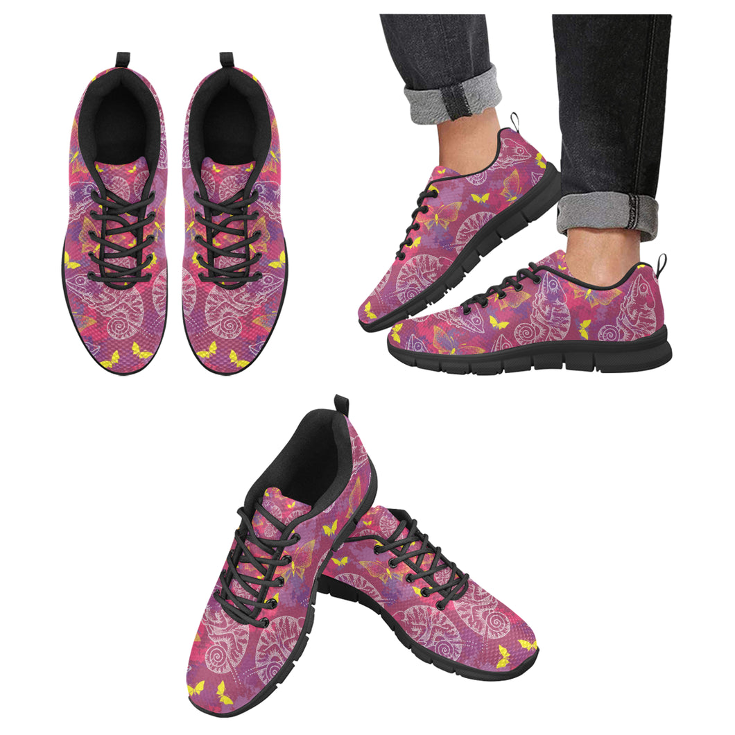 Pink Chameleon Lizard Butterfly Pattern Men's Sneakers Black