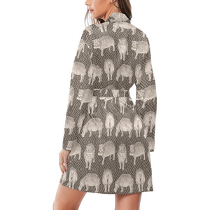 Hippopotamus Pattern Print Design 04 Women's Long Sleeve Belted Night Robe