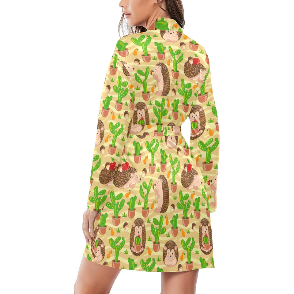 Hedgehog Pattern Print Design 02 Women's Long Sleeve Belted Night Robe