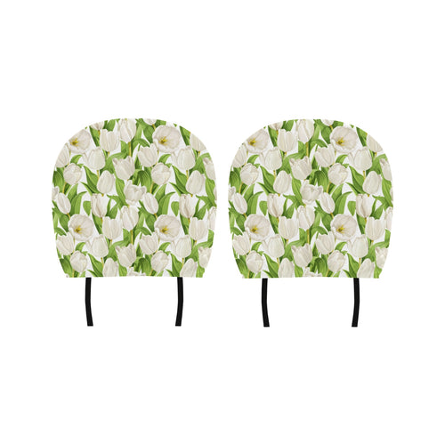 White Tulip Pattern Car Headrest Cover