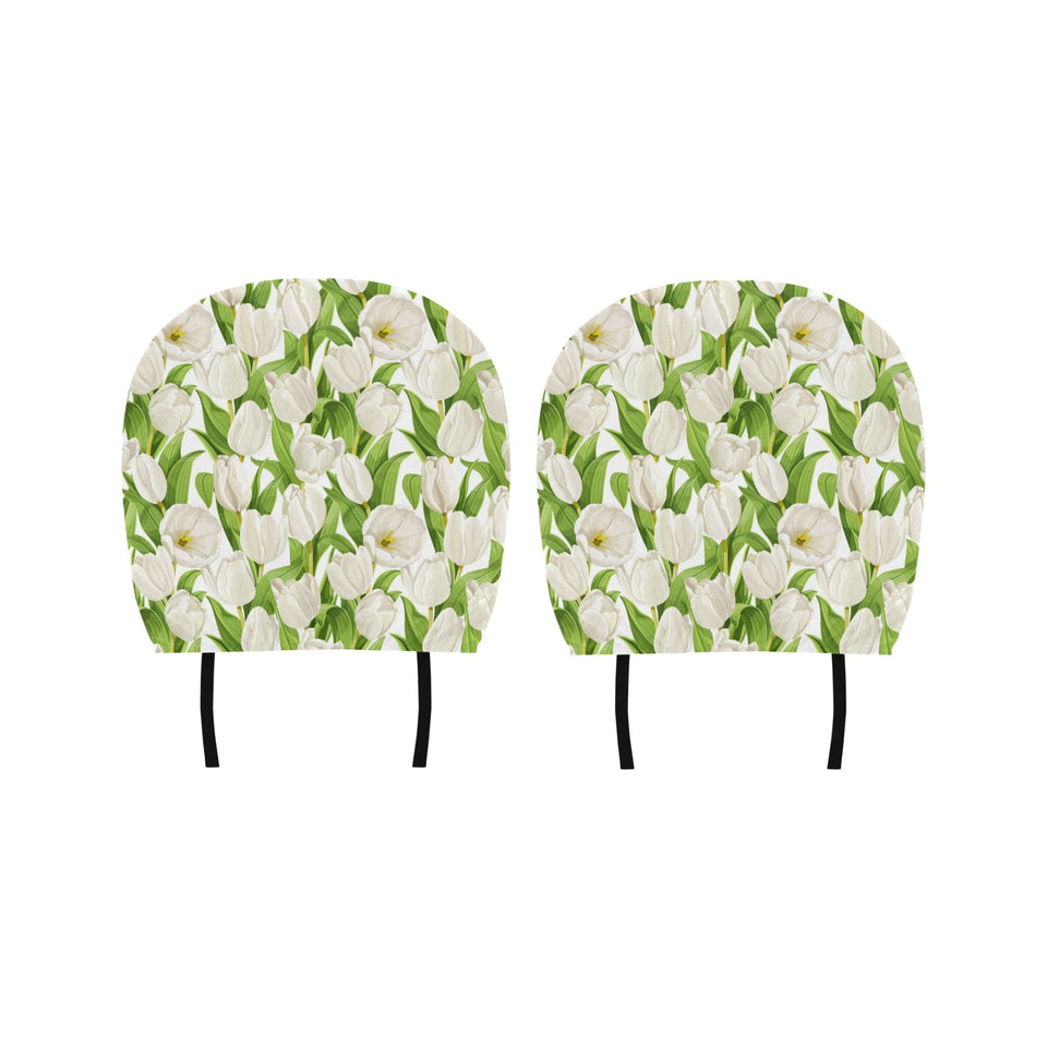 White Tulip Pattern Car Headrest Cover