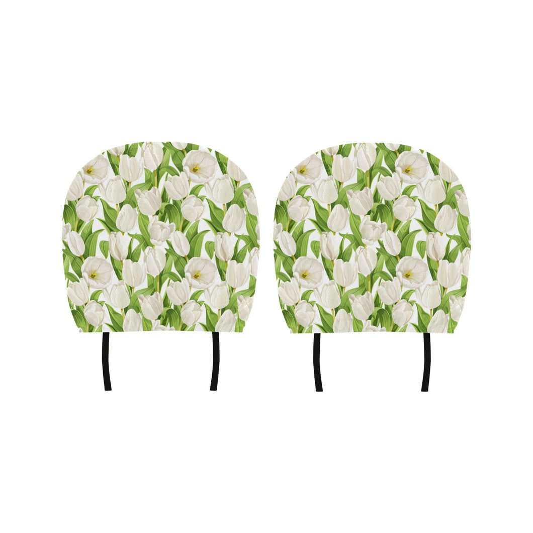 White Tulip Pattern Car Headrest Cover