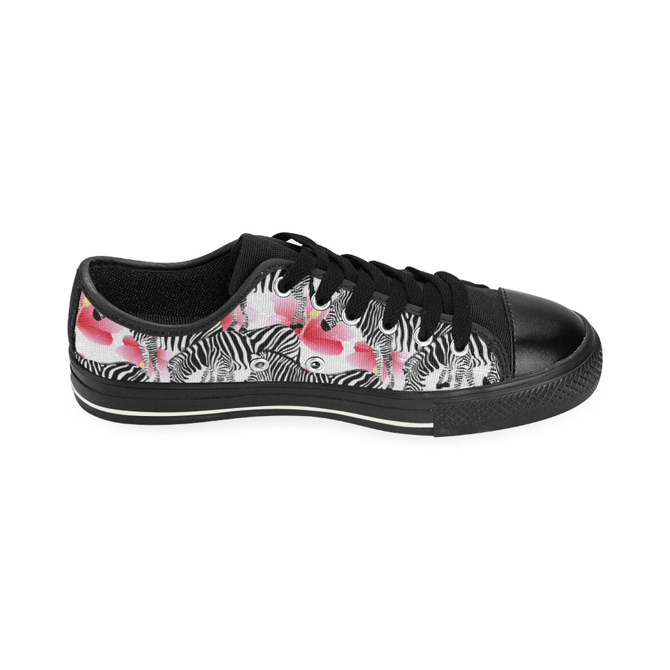 Zebra Red Hibiscus Pattern Men's Low Top Canvas Shoes Black