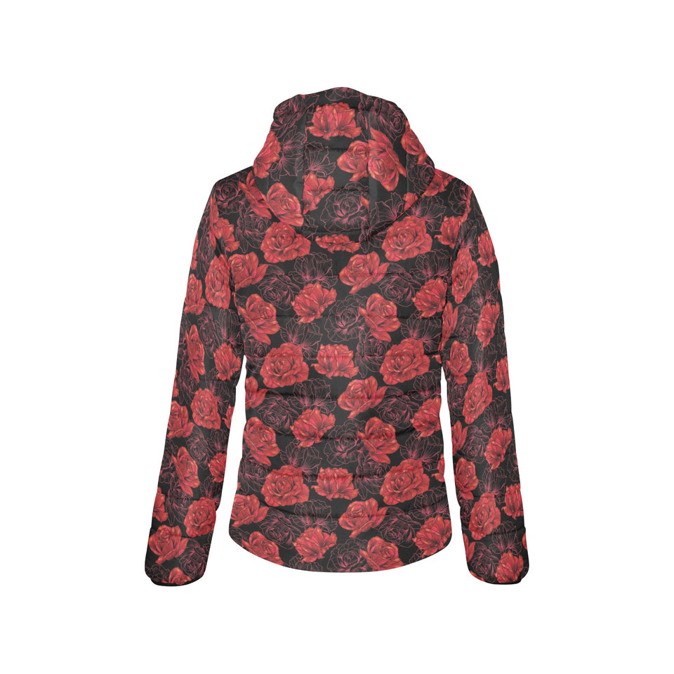 Rose Pattern Print Design 01 Women's Padded Hooded Jacket