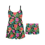 Hibiscus Pattern Print Design 01 Chest Sexy Pleated Two Piece Swim Dress