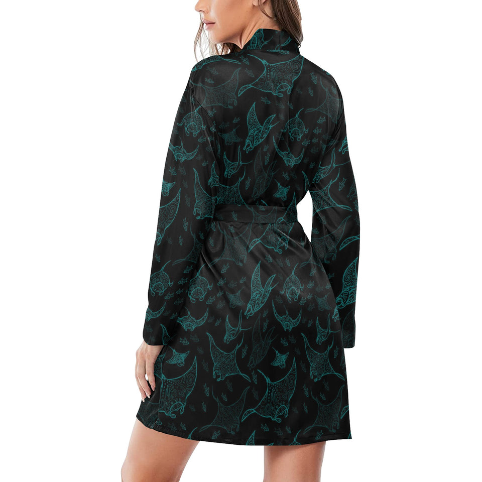 Stingray Pattern Print Design 02 Women's Long Sleeve Belted Night Robe