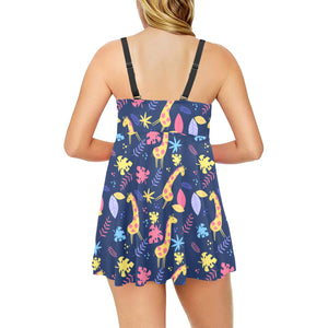 Giraffe Pattern Print Design 04 Chest Sexy Pleated Two Piece Swim Dress