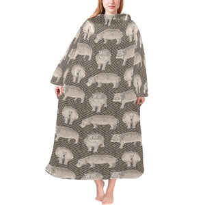 Hippopotamus Pattern Print Design 04 Blanket Robe with Sleeves