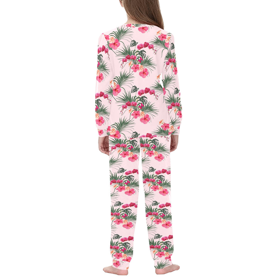 Red Pink Orchid Hibiscus Pattern Kids' Boys' Girls' All Over Print Pajama Set