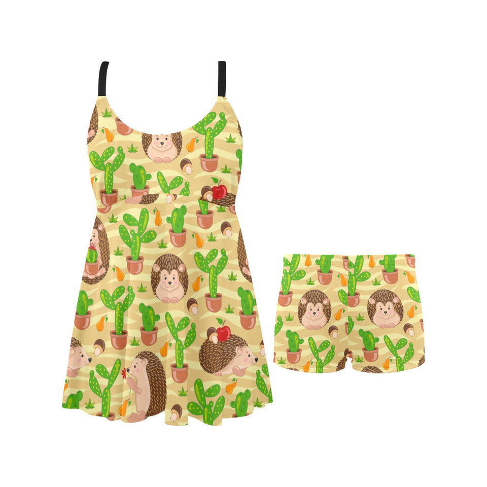 Hedgehog Pattern Print Design 02 Chest Sexy Pleated Two Piece Swim Dress