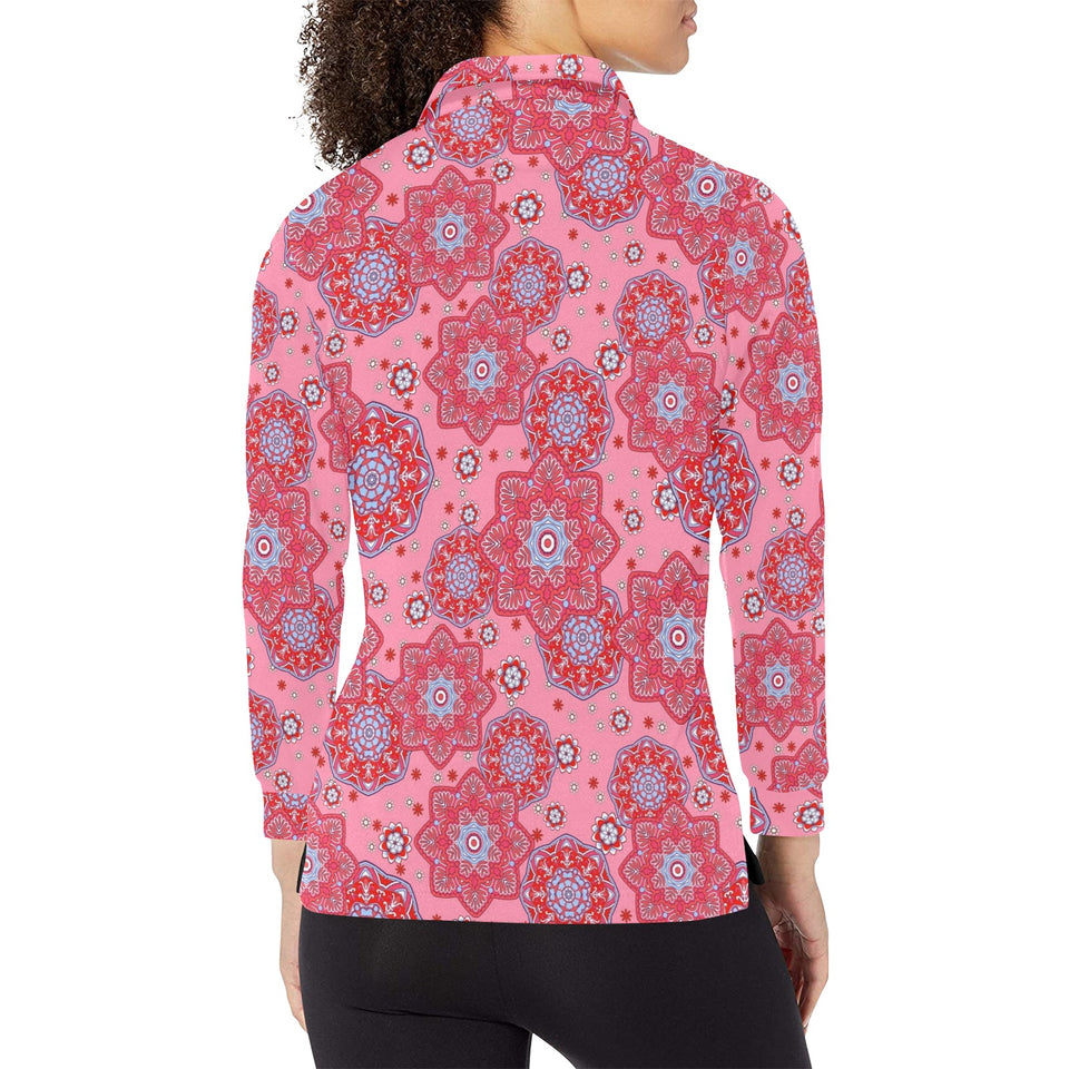 Indian Pink Pattern Women's Long Sleeve Polo Shirt