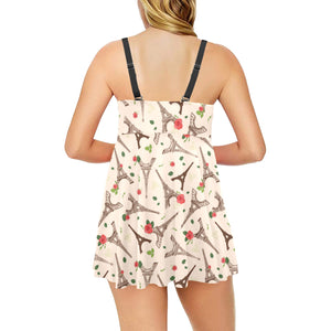 Eiffel Tower Pattern Print Design 03 Chest Sexy Pleated Two Piece Swim Dress