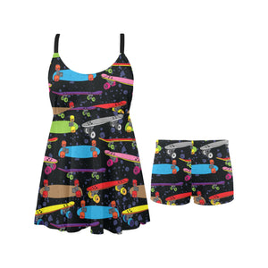 Skate Board Pattern Print Design 03 Chest Sexy Pleated Two Piece Swim Dress