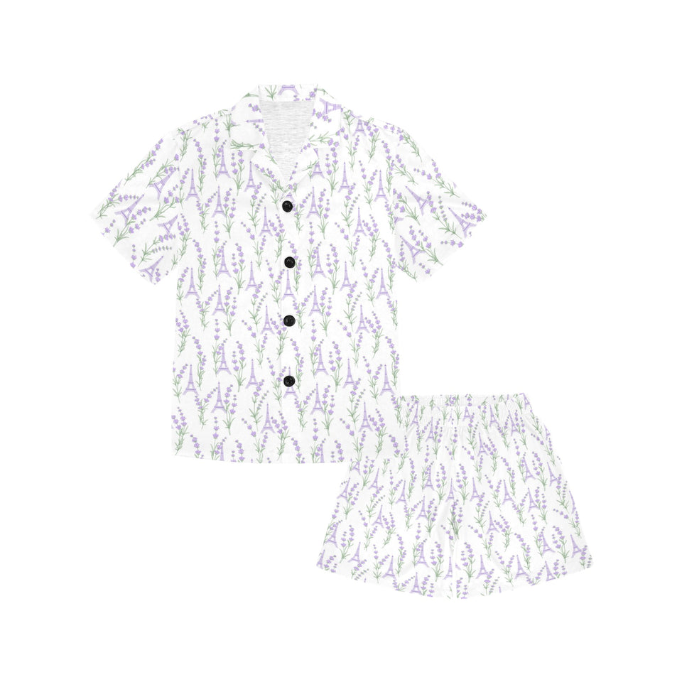 Eiffel Tower Lavender Pattern Print Design 01 Kids' Boys' Girls' V-Neck Short Pajama Set