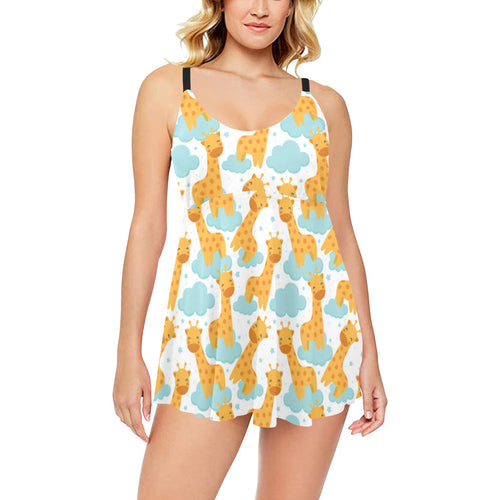 Giraffe Pattern Print Design 05 Chest Sexy Pleated Two Piece Swim Dress