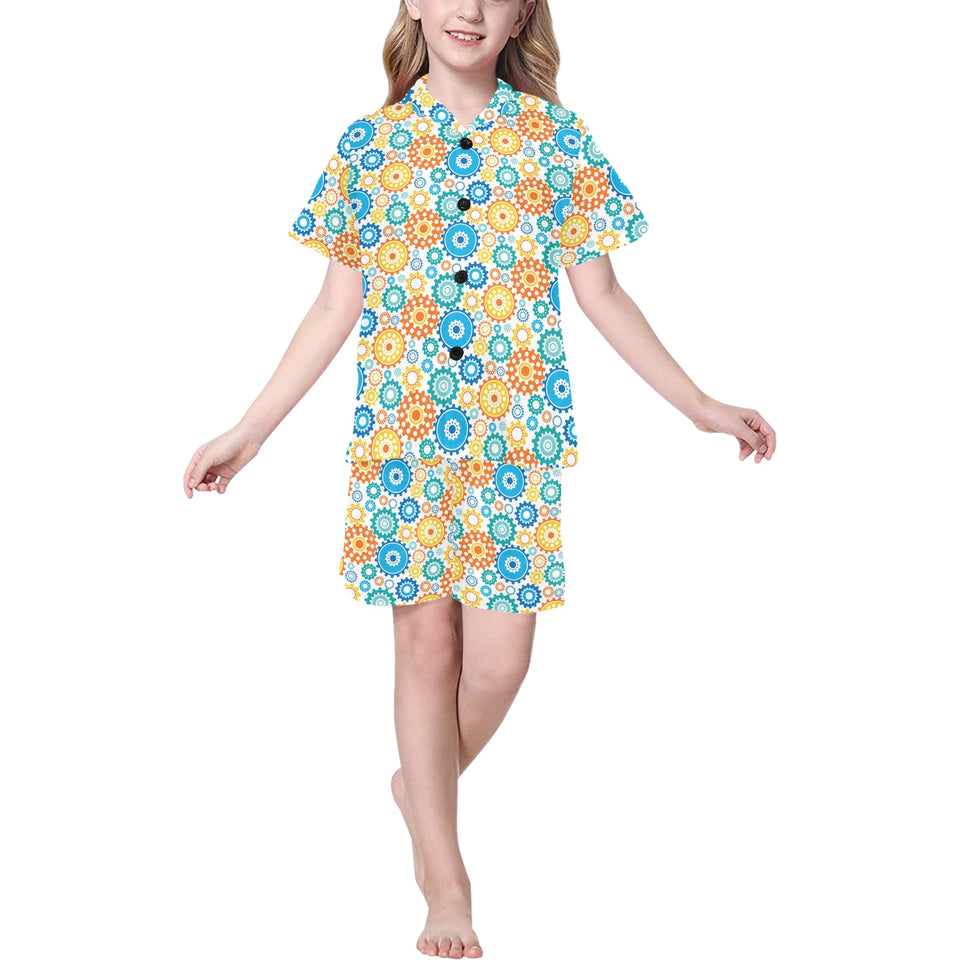 Gear Pattern Print Design 04 Kids' Boys' Girls' V-Neck Short Pajama Set