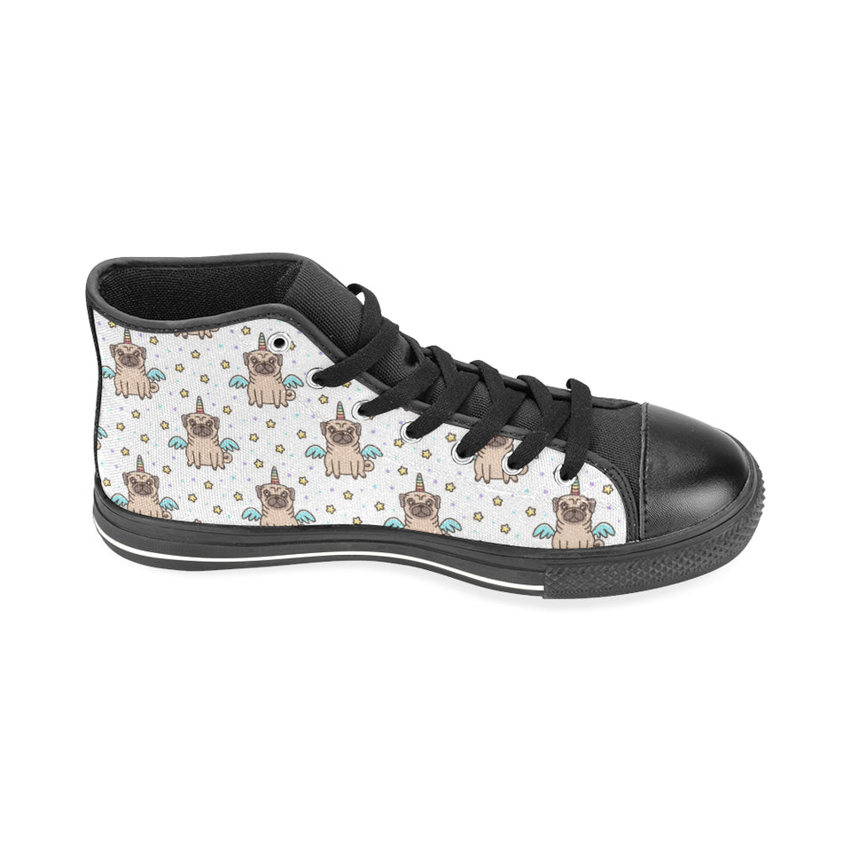 Unicorn Pug Pattern Men's High Top Canvas Shoes Black