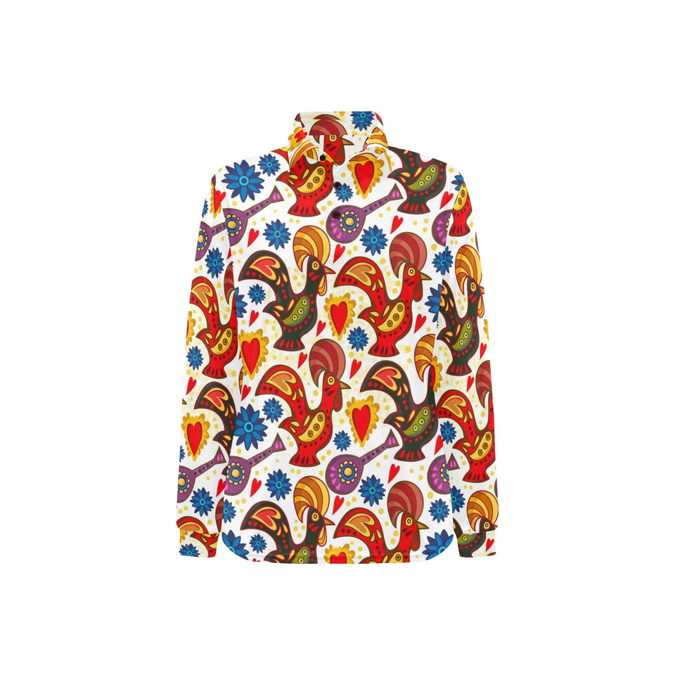 Colorful Rooster Chicken Guitar Pattern Women's Long Sleeve Polo Shirt