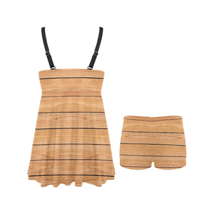 Wood Printed Pattern Print Design 04 Chest Sexy Pleated Two Piece Swim Dress