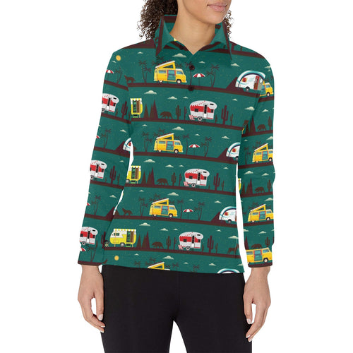 Camper Van Pattern Print Design 03 Women's Long Sleeve Polo Shirt