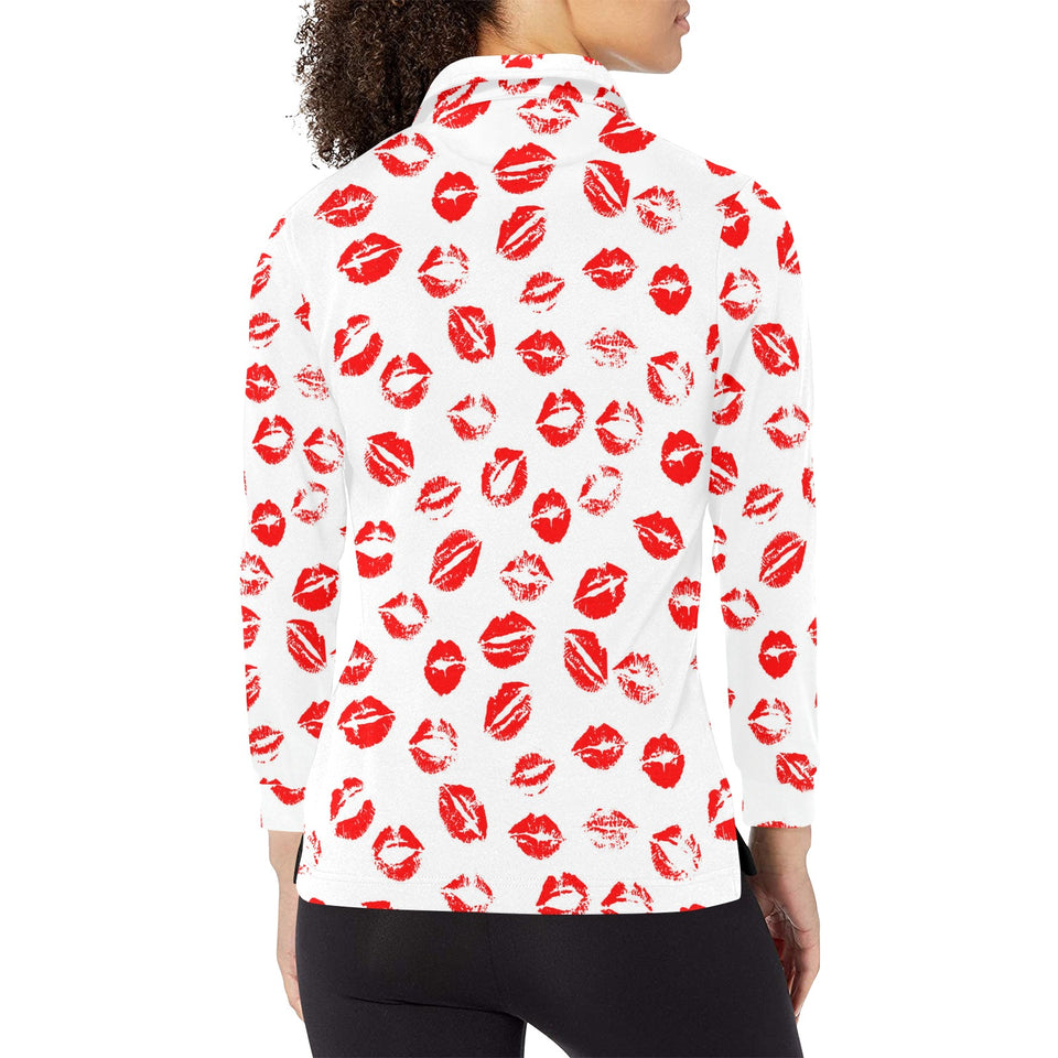 Lips Pattern Print Design 01 Women's Long Sleeve Polo Shirt