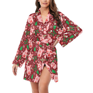 Pig Pattern Print Design 01 Women's Long Sleeve Belted Night Robe