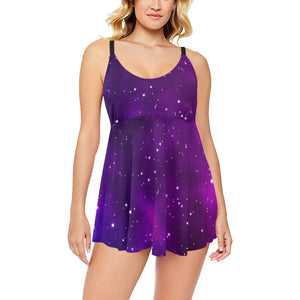 Pink Space Galaxy Pattern4 Chest Sexy Pleated Two Piece Swim Dress